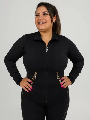 Jaqueta Esportiva Feminina Preta com Zíperes Dourados – Estilo, Conforto e Versatilidade