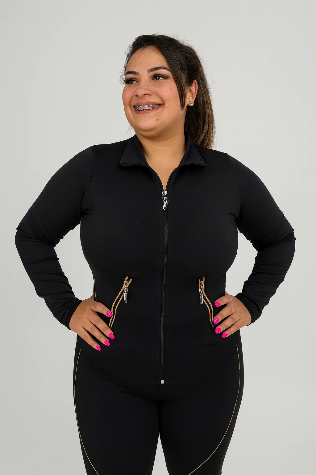 Jaqueta Esportiva Feminina Preta com Zíperes Dourados – Estilo, Conforto e Versatilidade