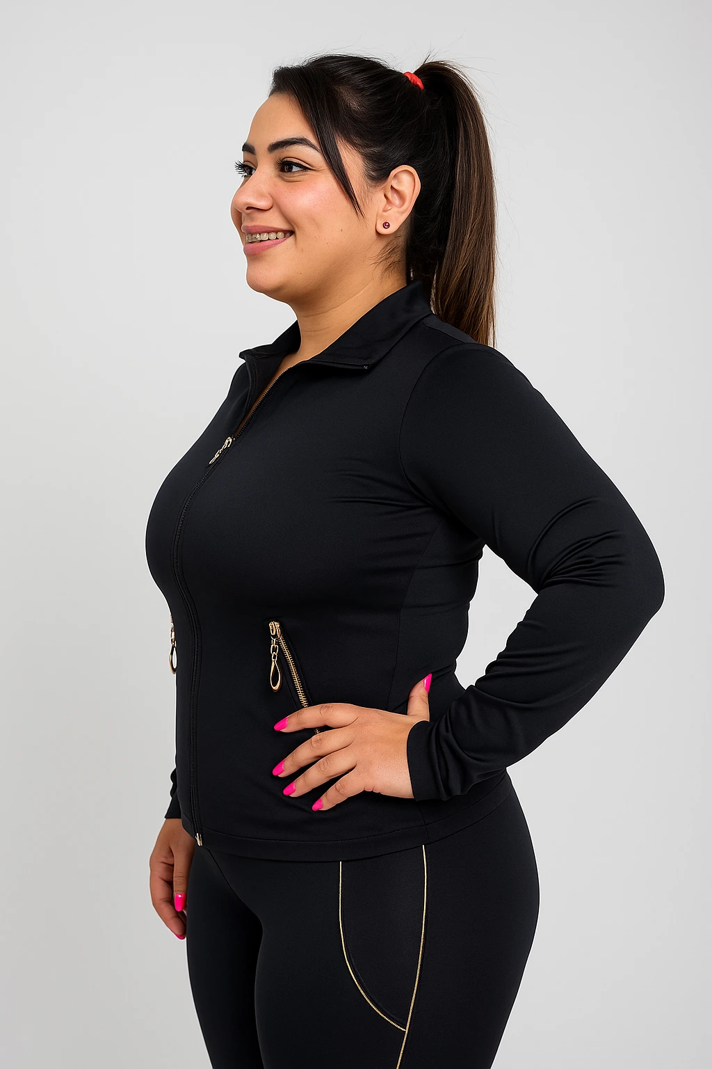 Jaqueta Esportiva Feminina Preta com Zíperes Dourados – Estilo, Conforto e Versatilidade - Imagem 2