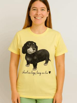 Camiseta Feminina Amarela com Estampa de Cachorro Dachshund – Conforto e Estilo com Muito Amor!