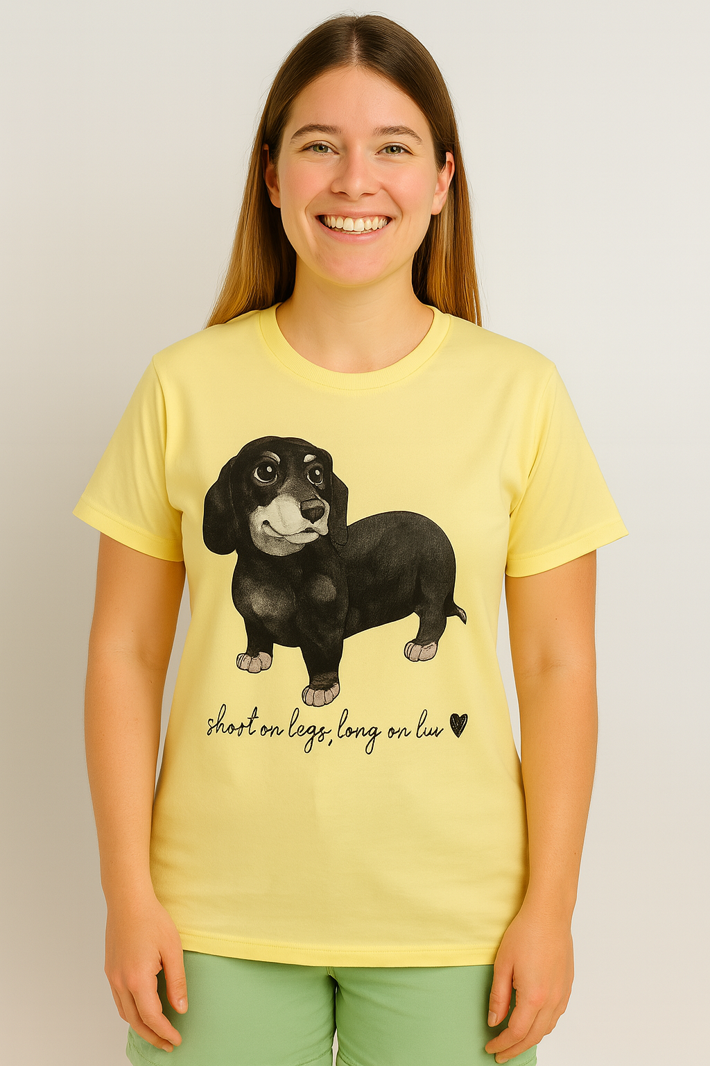 Camiseta Feminina Amarela com Estampa de Cachorro Dachshund – Conforto e Estilo com Muito Amor!
