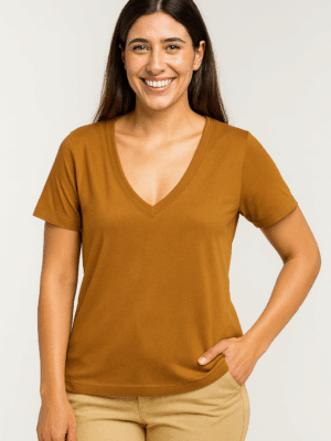 Camiseta Feminina Gola V Marróm