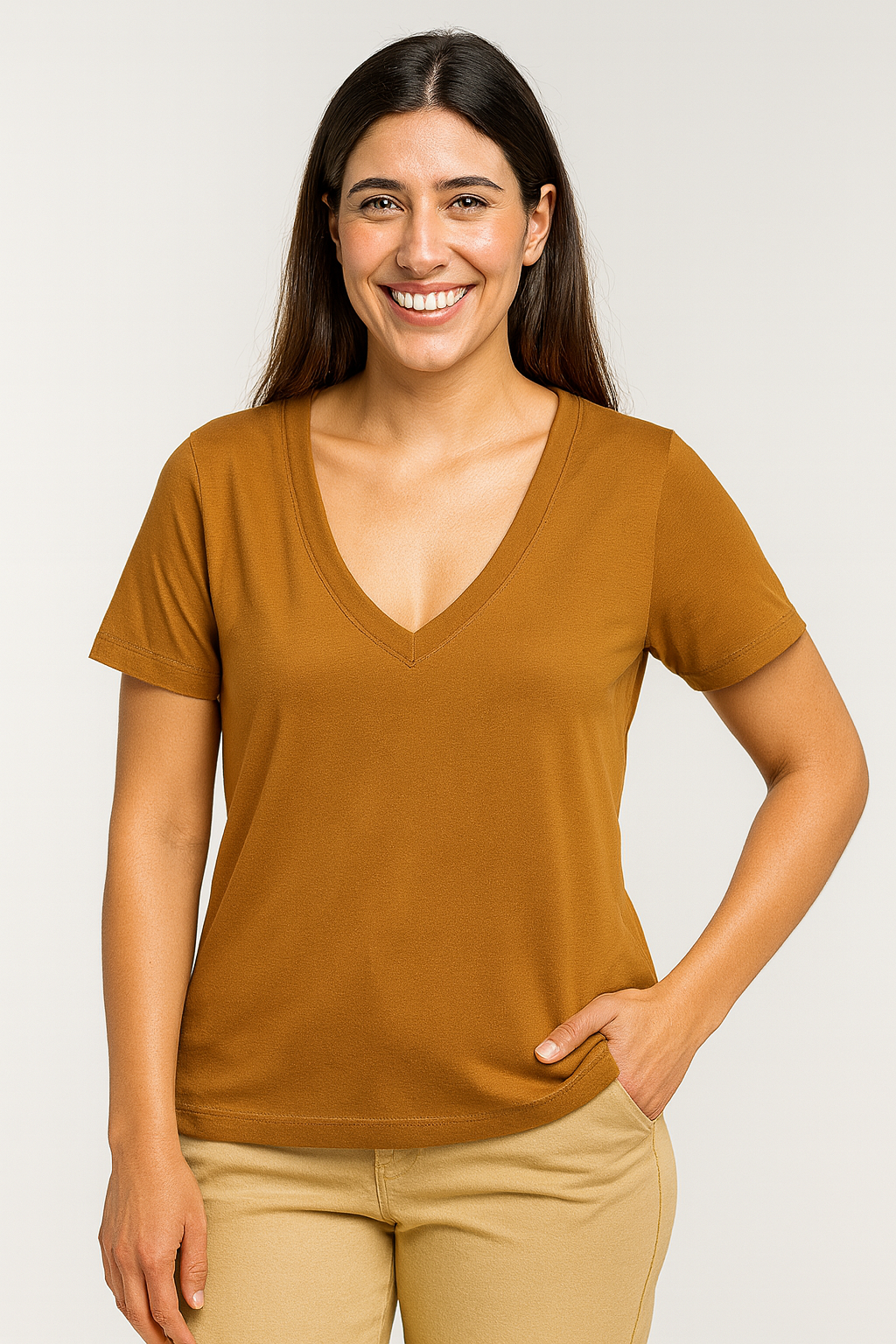Camiseta Feminina Gola V Marróm