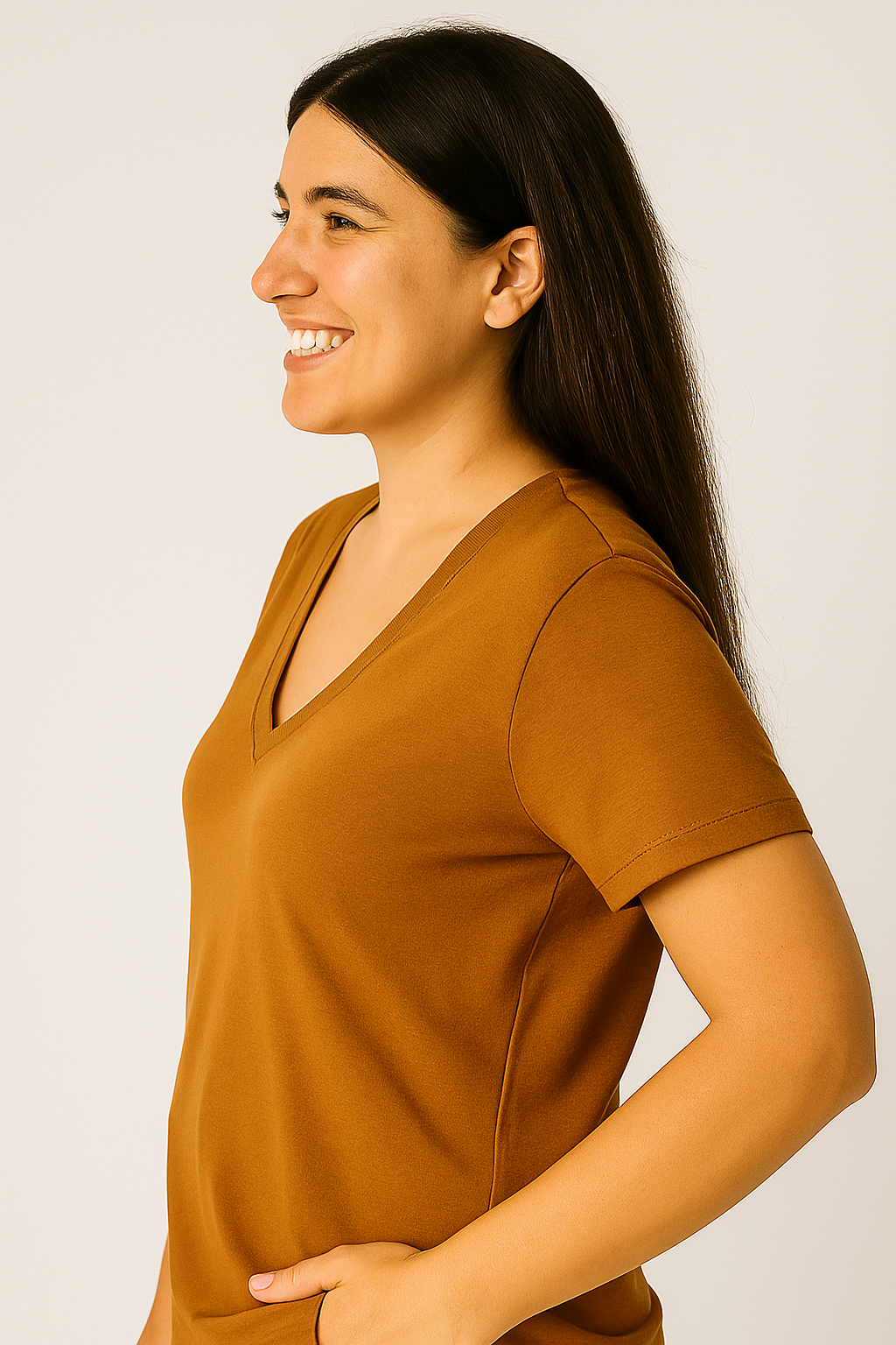 Camiseta Feminina Gola V Marróm - Imagem 3