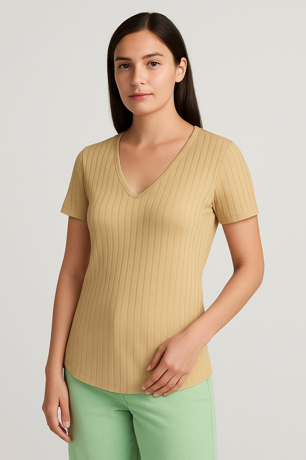 Camiseta Feminina Bege Canelada com Decote em V – Conforto e Elegância no Dia a Dia - Imagem 2